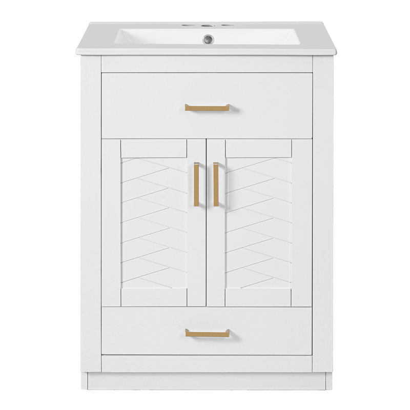 Meuble-lavabo simple 24 po avec lavabo intégré en céramique, tiroir en MDF et détails à chevrons 24 po, Blanc
