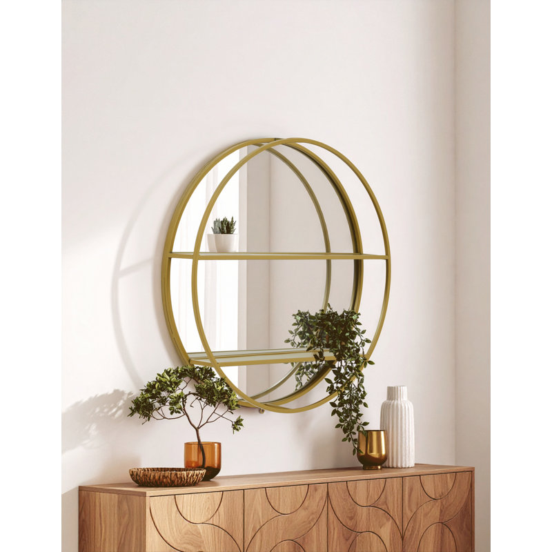 Alfons Metal Round Mirror with Shelves
