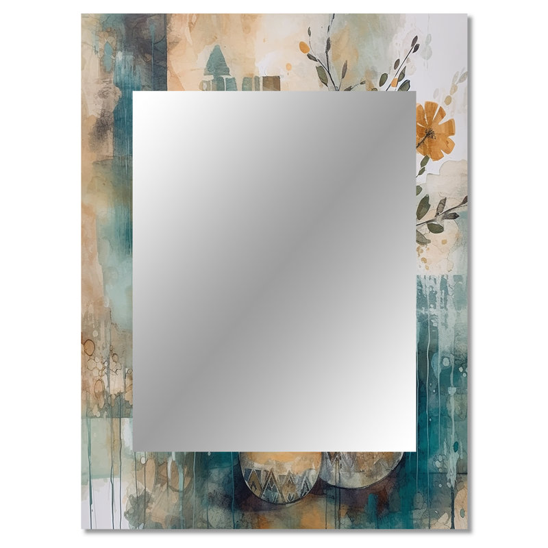 Orange And Green Abstract Bohemia IV - Boho Feather Wall Mirror, Traditional Decorative Mirror, Printed Metal Art, 40" x 30"