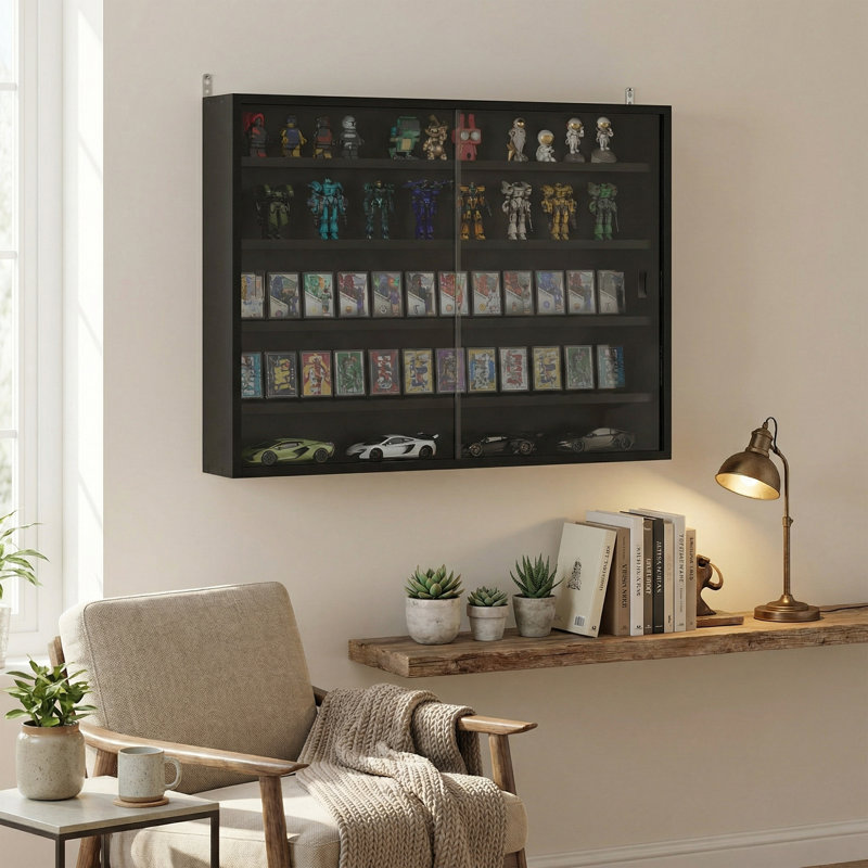 Modern China Cabinets with Storage, Black Wood Based Glass Door Wall Mounted