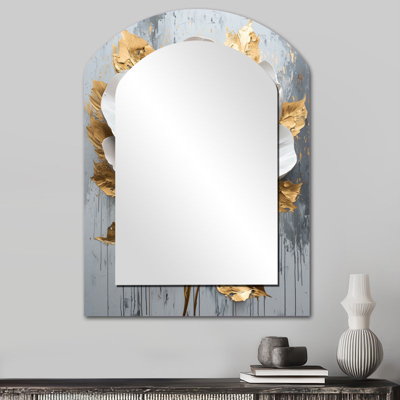 Blanc et doré pivoine Bloom I - miroir asymétrique pivoine, miroir mural décoratif arqué blanc, impression d'art en métal