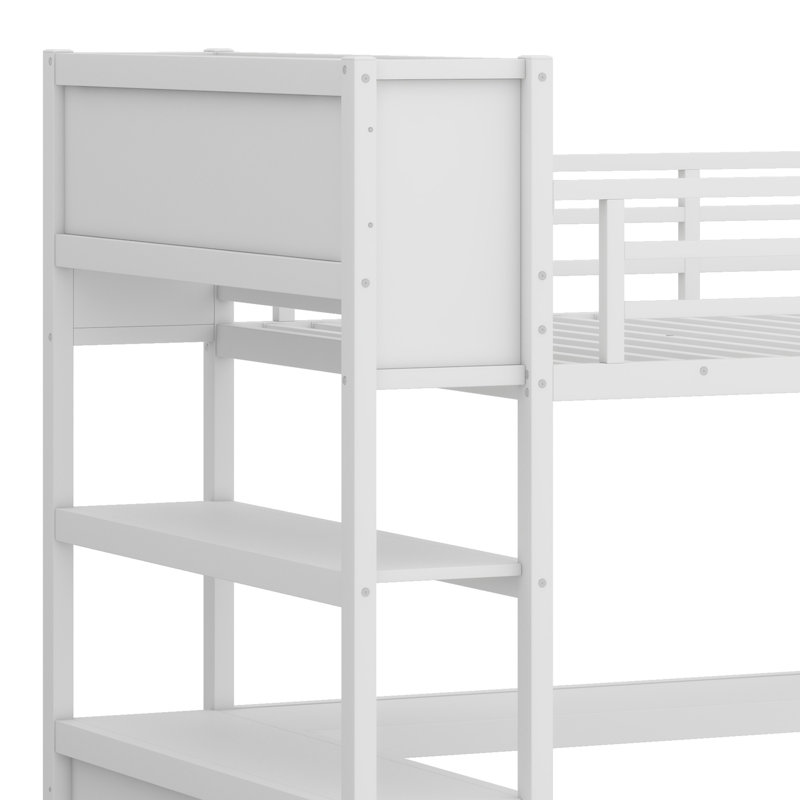 Lit mezzanine en métal avec garde-robe et bureau en L, avec cubes de rangement et tablettes, Blanc