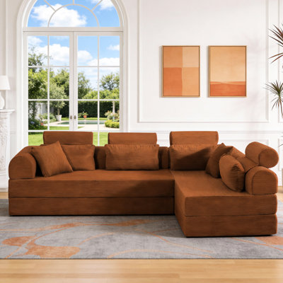 Moderne, orange, 4 places, velours côtelé, canapé modulaire en forme de L, pour un lit confortable, chambre à coucher, chambre familiale compressée, se transforme en espace compact,