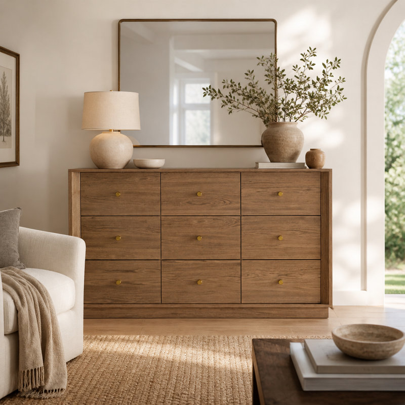 Commode 9 tiroirs, commode moderne Mid-Century avec rangement, commode de 55 po de largeur avec grain de bois, meuble télé pour commode pour chambre à coucher, salon, couloir, noyer