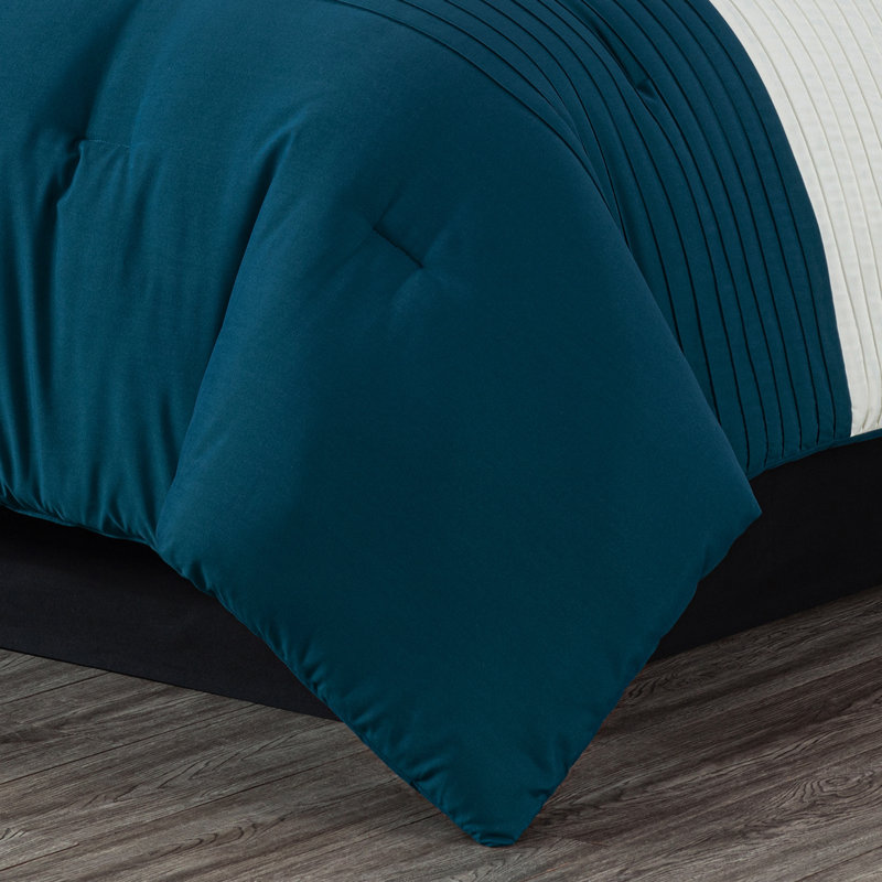 Loft 8-Piece Pleated Stripe Microfiber Comforter Set, Queen Comforter + 2 Standard Shams, Teal/Black/White