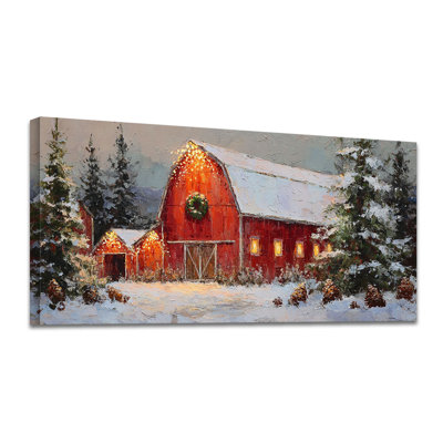 Winter Wall Art Red Barn Wall Decor Snowy Country Landscape Picture Canvas Prints for Living Room Bedroom Pine Trees Scene Painting Poster Farmhouse Christmas Decor Artwork Home Decoration