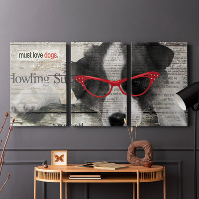 Howling Success - Border Collie Dog In Red Glasses Newspaper Collage 3 Piece Canvas Wall Art Set - Animal Triptych, 24x36 Each Panel, Gallery Wrapped Ready to Hang