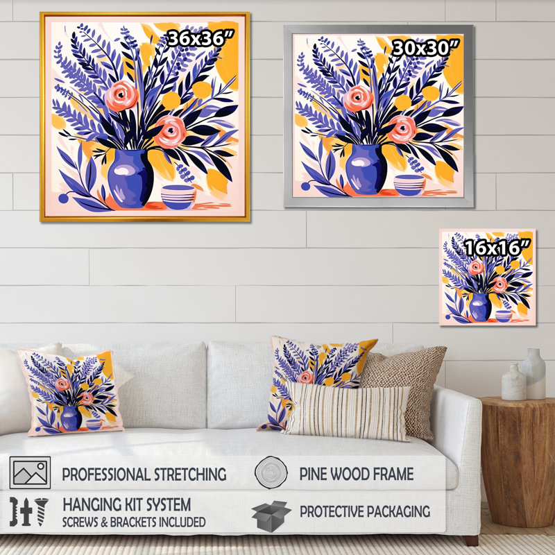 «Mauve Boho Pottery Blooms II - Boho Pottery», art mural, Cadre flottant doré, 36" H x 36" W