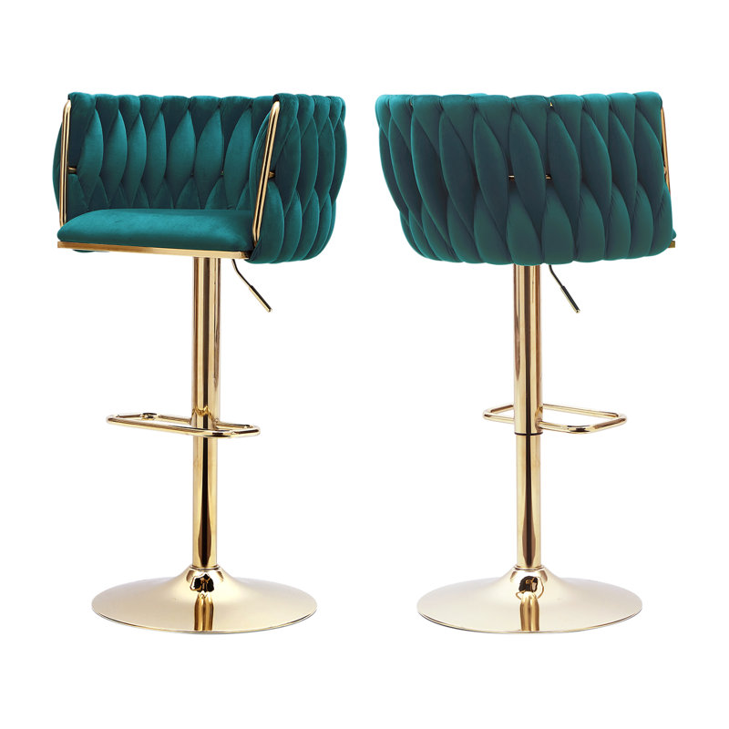 Tabourets de bar en velours de luxe avec base en métal doré, chaises de bar pivotantes à hauteur réglable avec accoudoirs pour îlot de cuisine, bar, décor de maison moderne (vert, ensemble de 2)