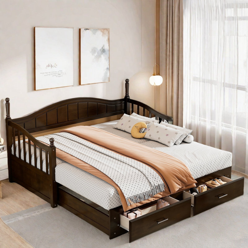 Elegant Extendable Anelma Daybed With Two Storage Drawers And Twin Size Trundle, Espresso