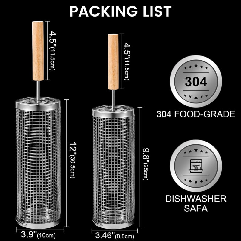 Paniers de gril gigognes (2 PCS), acier inoxydable 304 avec poignée en bois amovible, filet de grillage roulant, outils pour barbecue pour crevettes, camping en plein air, cadeaux pour papa et mari