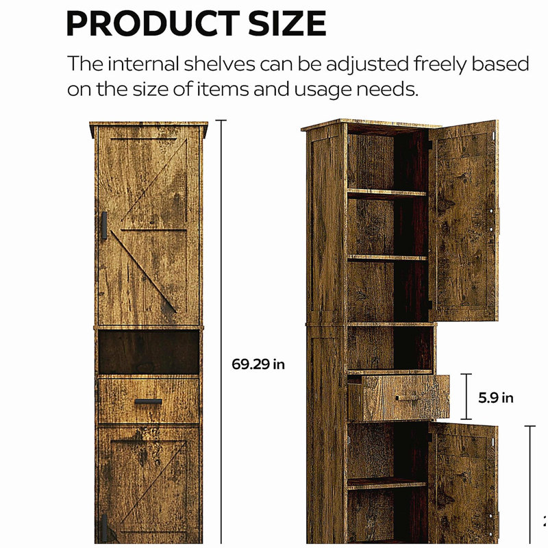 69" H Tall Storage Cabinet with 2 Barn Doors and 1 Drawer, Narrow Storage Unit with Adjustable Shelves, Floor Cabinet for Bathroom, Living Room, Kitchen