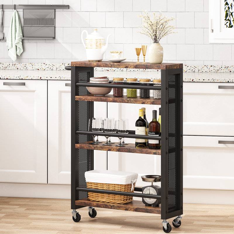 Keyana Narrow Wood and Metal Rolling Cart Kitchen Cart