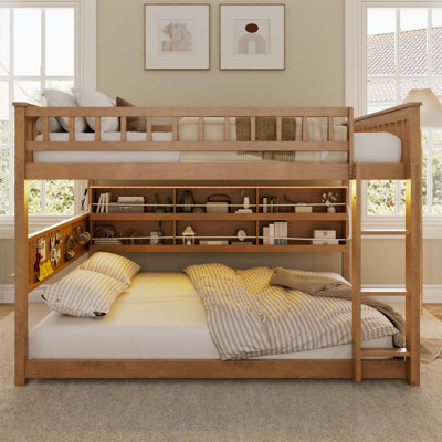 Full Over Full Bunk Bed With Integrated Shelving, Color-Changing LED Lighting, And Customizable Pegboard Storage For Space-Smart Living.