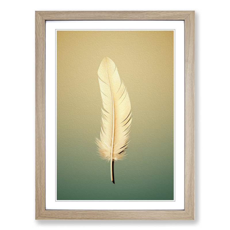 Feather Minimalism - Single Picture Frame Print on Wood, Oak, 64cm H x 46cm W x 2cm D
