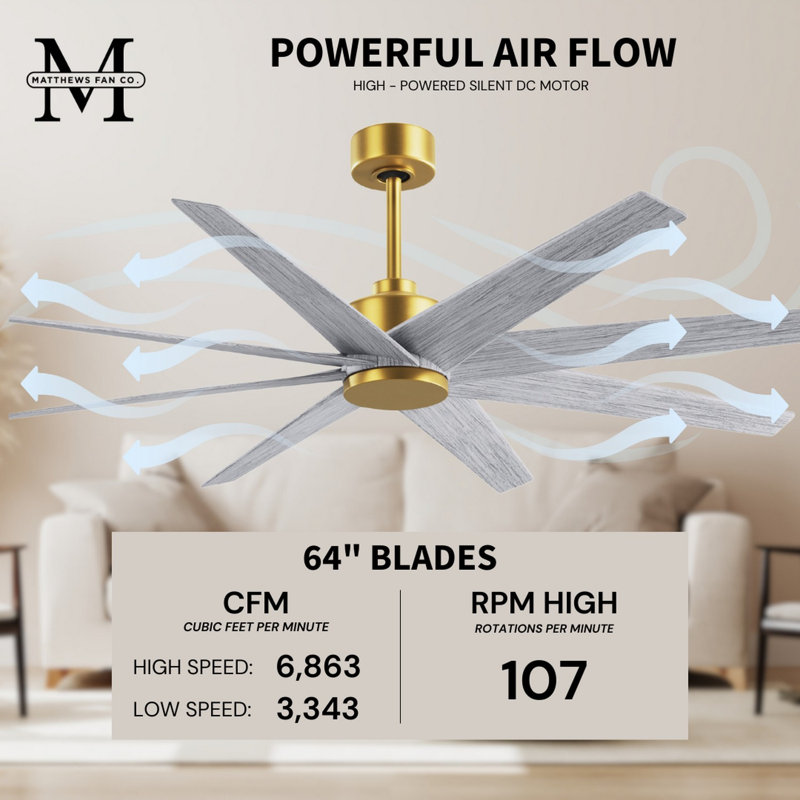 Ariella - Eight Blade Ceiling Fan - Brushed Brass Finish - Matte Black Blades, Barn Wood Tone, Brushed Brass