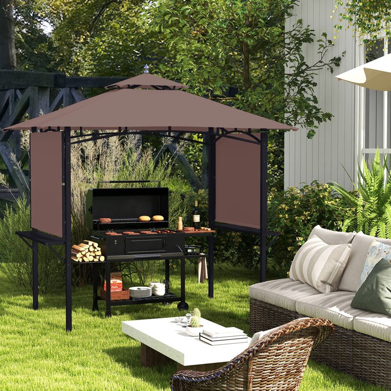 2.4 X 1.5M Bbq Grill Gazebo With Extendable Side Awnings, Double-Tier Canopy Outdoor Shelter With 2 Side Storage Shelves For Patio Garden Barbecue