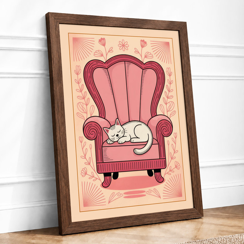 Cat on Pink Chair Retro - Framed Print, A4 - 29.7 x 21.0 cm, Walnut