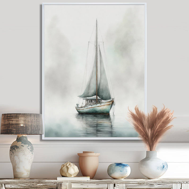 Voilier ancré dans le brouillard - art mural bateau côtier, H 40 po x l 30 po, Cadre flottant blanc
