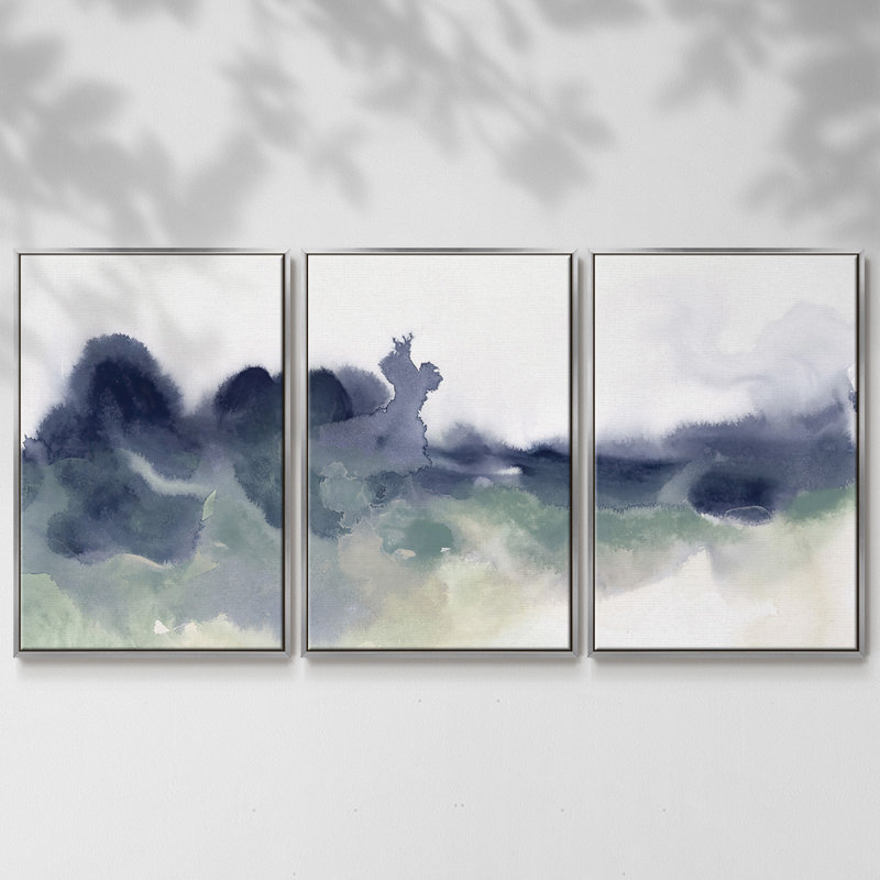 «Lake Fog I», reproduction sur toile 3 pièces, H 36 po x l 75 po x P 2 po, Argent