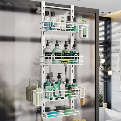Serviteur de douche à 4 niveaux au-dessus de la porte avec 22 crochets et 2 porte-brosses à dents, organisateur de salle de bain réglable sans perçage, acier inoxydable, drainage rapide, blanc