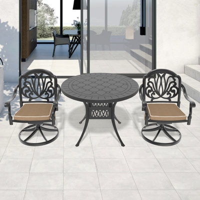 Ensemble de salle à manger 3 pièces en aluminium coulé toutes saisons comprenant 2 chaises pivotantes et une table ronde de 39,37 po avec structure noire