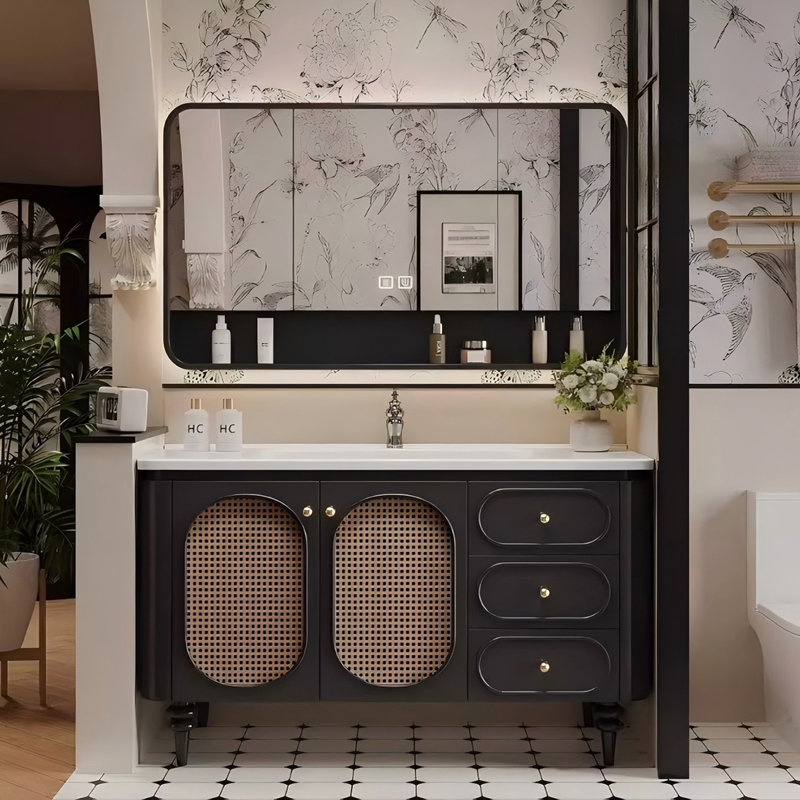 Meuble-lavabo autoportant en bois d'hévéa noir et blanc 43,70 po avec miroir, 44"