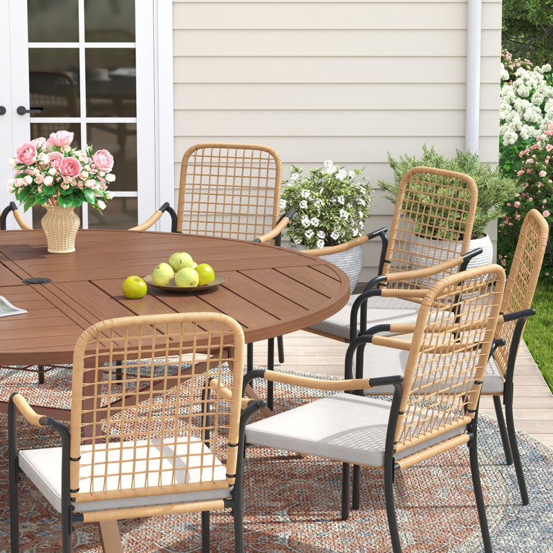 10-Person Round Patio Dining Set With Cushioned Rattan Stackable Chairs, Brush Wood Brown