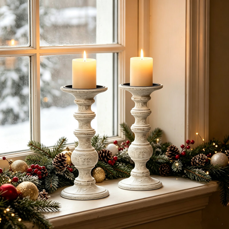 Hosley Set of 2 Antique White Wood Pillar Candle Holder 9 Inch High Ideal Gift for Weddings Special Occasion Spa Aromatherapy Settings Candle Gardens.