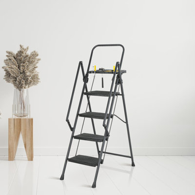 4-Step Reach Height Foldable Step Ladder With Tool Tray And Wide Non Slip Pedals, Convenient Handrails