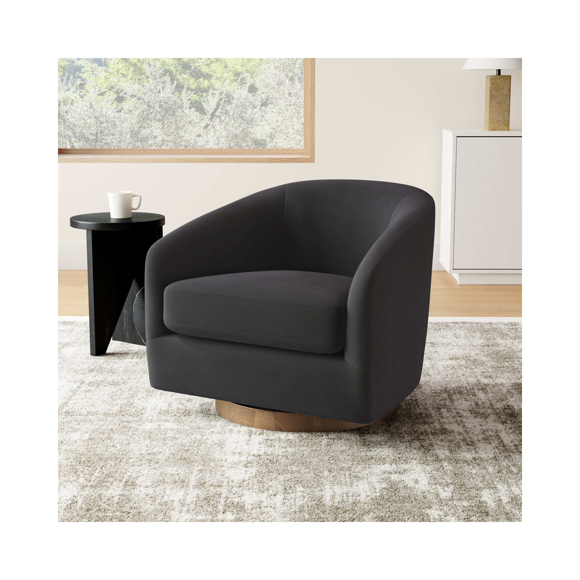 Bennett Upholstered Swivel Barrel Chair, Bella Asphalt Performance Velvet