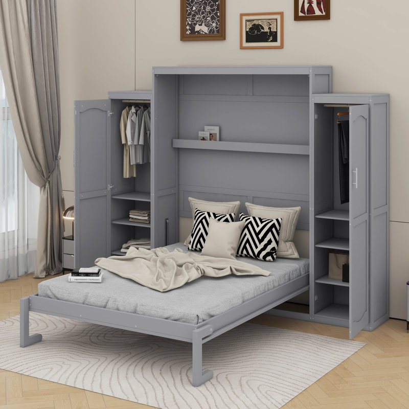 Lit escamotable avec garde-robe et tablette de rangement, Gris, Grand lit
