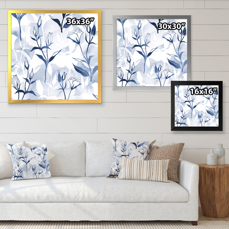 Fleurs bleues bleues sur fond blanc, reproduction d'art sur toile, H 36 po x l 36 po x P 1 po, Cadre photo doré