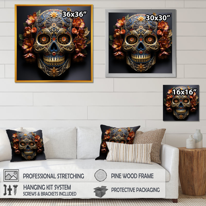 Or floral, crâne mexicain I - art mural crâne, Toile tendue, H 36 po x l 36 po x P 1,5 po