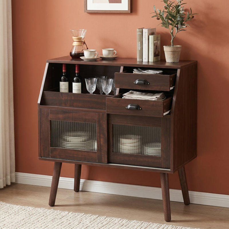 Solid Wood Sideboard Buffet Cabinet, Mid-Century Walnut Storage Cabinet with Acrylic Sliding Doors, Drawers & Open Shelves for Dining Room, Kitchen, Living Room, Coffee Bar