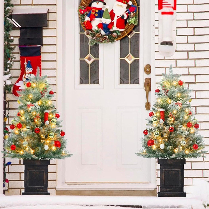 3 Ft Prelit Artificial Christmas Tress with 78 Warm White Lights, Brown Lamp Base, Snow Flocked Xmas Tree for Christmas, Bedroom, Window, Photography Decor