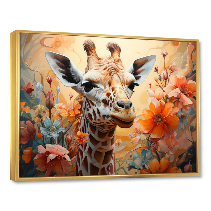 Girafe brune expressionniste Grace I, Cadre flottant doré, H 24 po x l 32 po x P 1 po