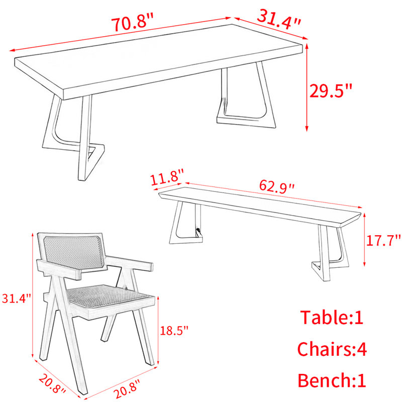 Modern simple solid wood dining table set., 29.5"H x 70.8"L x 31.4"W