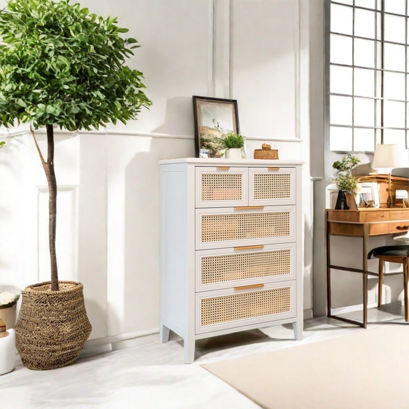 Armoire décorative en rotin avec tiroirs en bois massif, Ivoire blanc