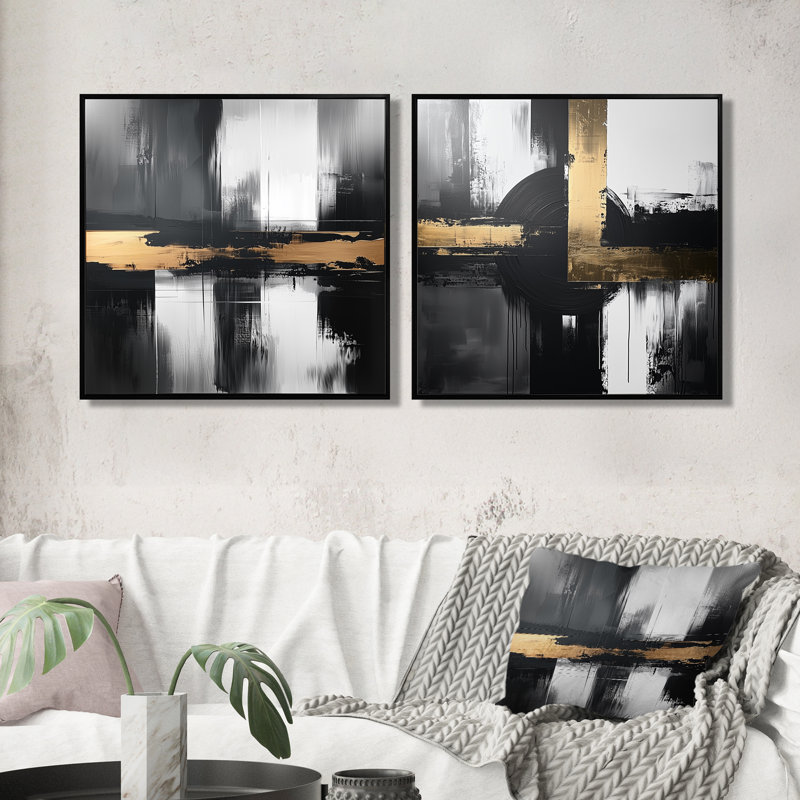 «Abstract Golden Drift Of The Dark Side V» - Décoration murale moderne - Art mural abstrait 2 pièces, H 16 po x l 33 po, Noir
