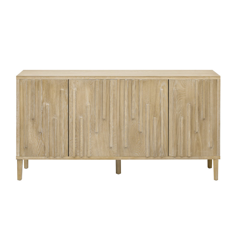 Buffet à 4 portes de style U en U 59,8 po, placage de frêne massif, poignées dissimulées, pour une utilisation principale - motifs visuels surélevés, structure de soutien centrale, grand espace de rangement