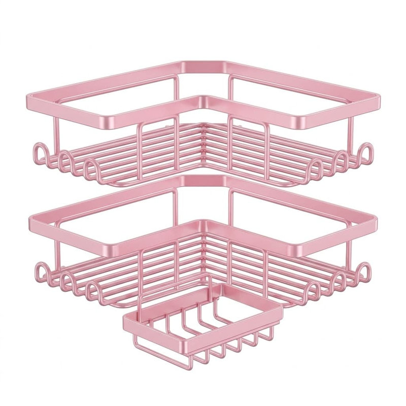 Ensemble de 3 tablettes de douche d'angle en acier inoxydable rose, sans perçage, avec porte-savon et 12 crochets