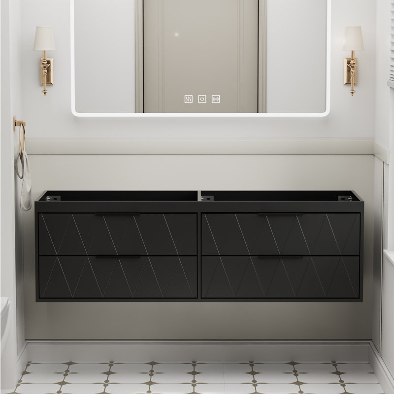60" Modern Wall-Mount Double Sink Bathroom Vanity Base Only, Painted Floating Cabinet, Soft-close Drawers, Black