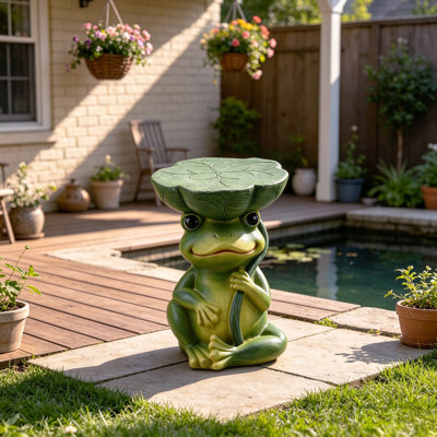 9.8"H Frog & Lotus Leaf Garden Stool Statue, Magnesium Oxide Stone Composite Outdoor Seat and Plant Stand for Yard, Patio, Pondside & Backyard Decor