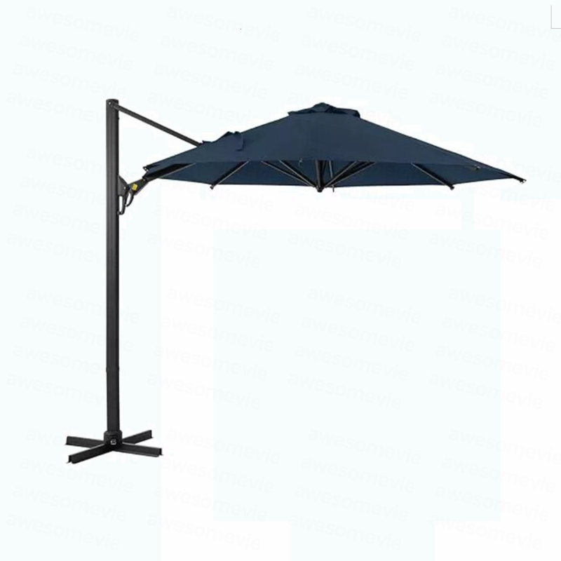 Grand parasol de patio en porte-à-faux carré bleu de 10 pi avec rotation à 360 ° et réglage des mésanges et parasol de terrasse robuste à baldaquin en polyester sans base.