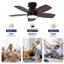 Ventilateur de plafond encastré avec lumière à intensité variable 3CCT, ventilateur à distance DC réversible en bois massif pour la maison et le patio