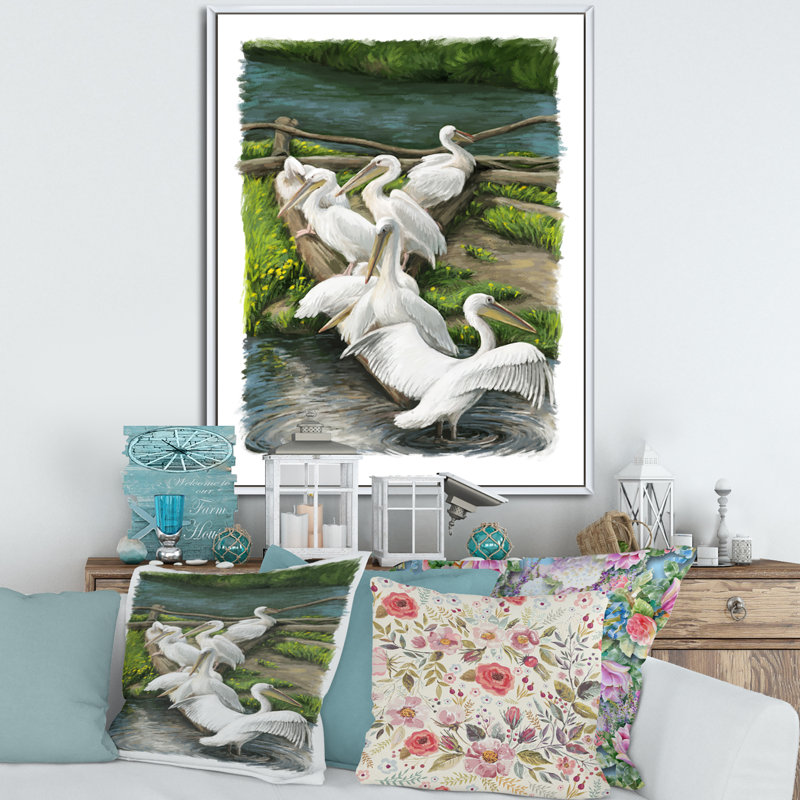 Dessin de pélicans reposant près de l'eau - Impression sur toile, H 20 po x l 12 po x P 1po, Cadre blanc