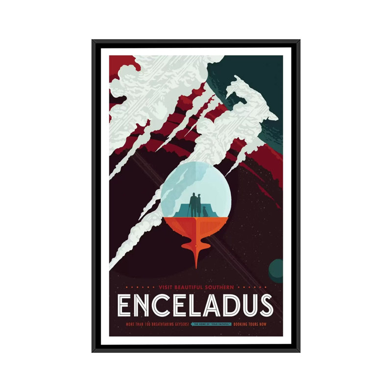 Encelade par la NASA - Estampe numérique sur toile tendue avec châssis, H 26 po x l 18 po x P 1,5 po, Toile avec cadre noir