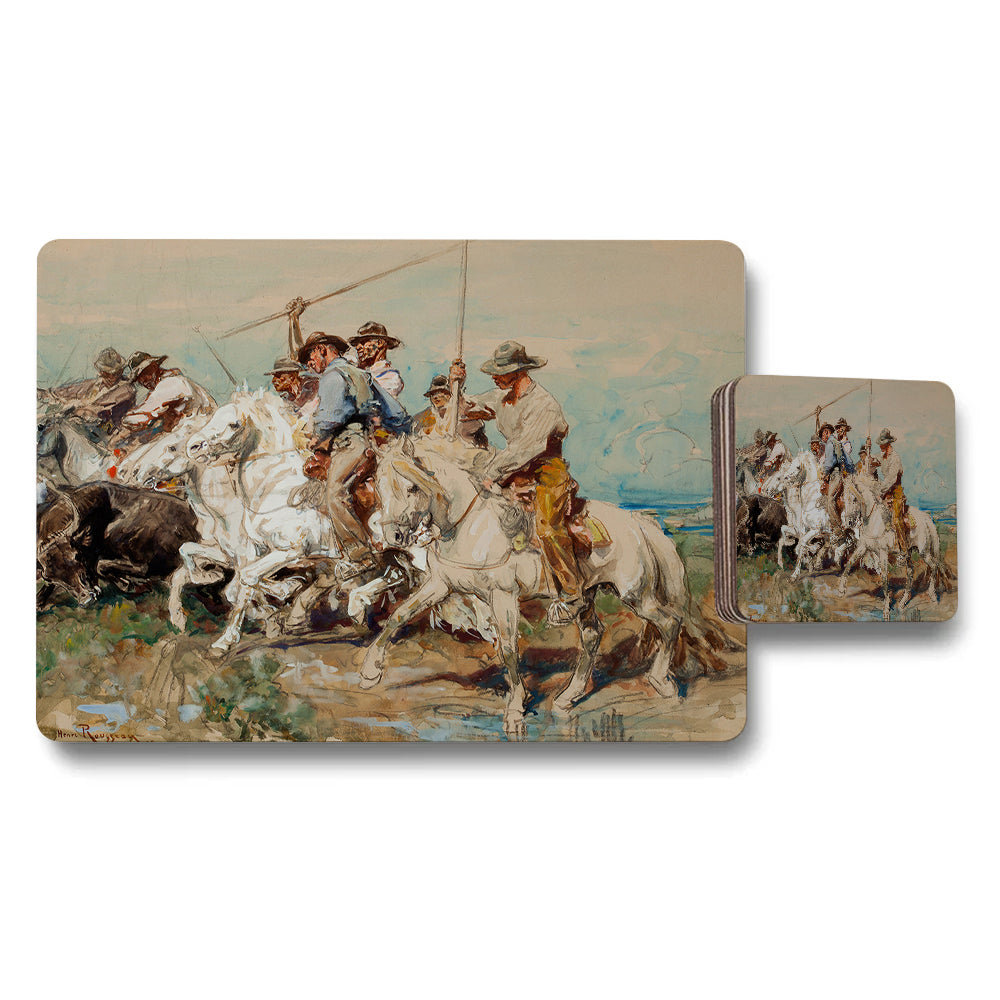 Western Cowboy Scene Placemat Coaster Set With Horsemen Artwork