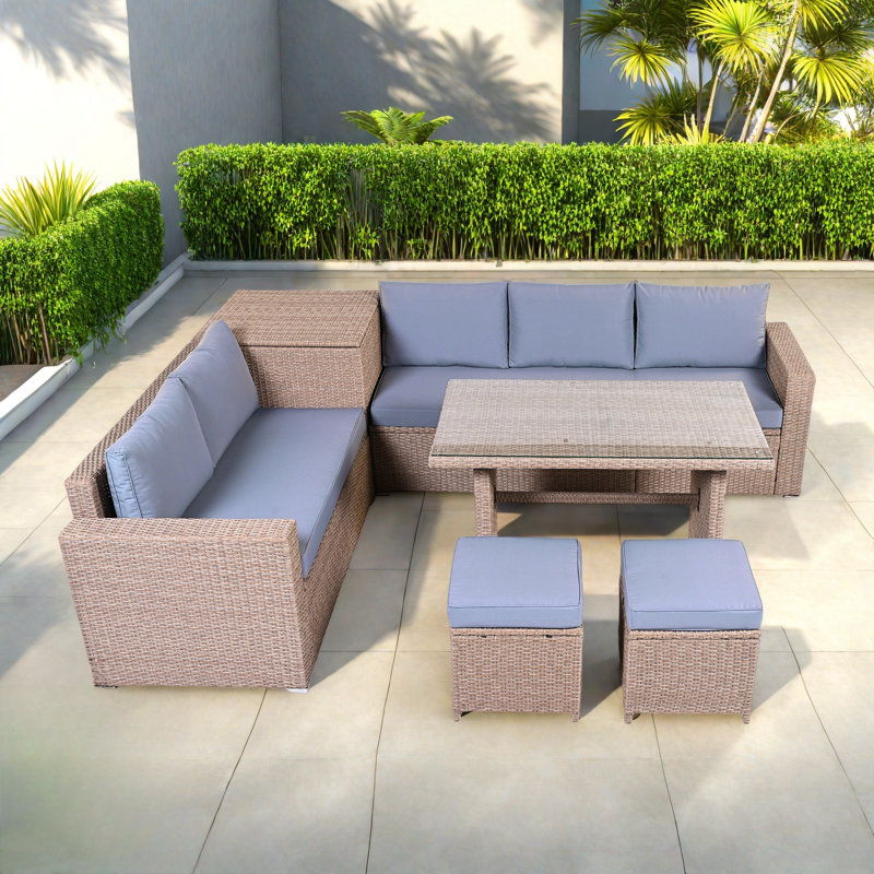 6-piece All Weather Pe Rattan Sofa Set With Adjustable Seat, Storage Box, Removable Covers And Tempered Glass Top Table
